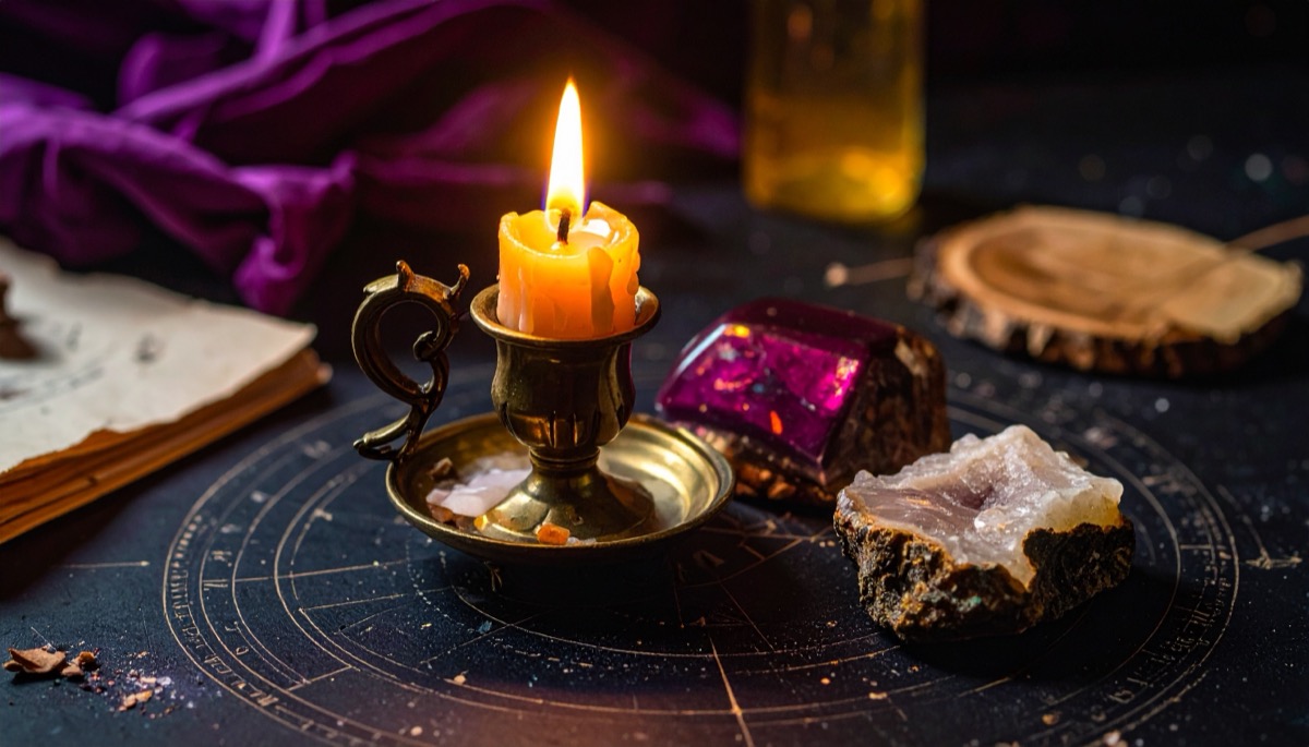 a magenta faceted stone and a pale sparkling crust beside a brass candlestick on a dark wheel