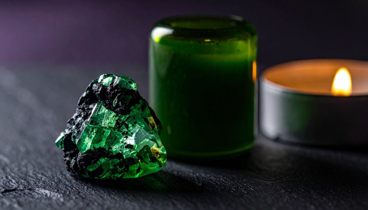a bright green glassy chunk with a black crust beside a green glass jar and a tea light