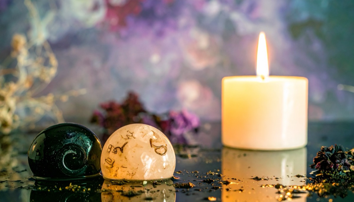 a dark green spiral shell shape and a pale marked dome reflected on glass beside a candle