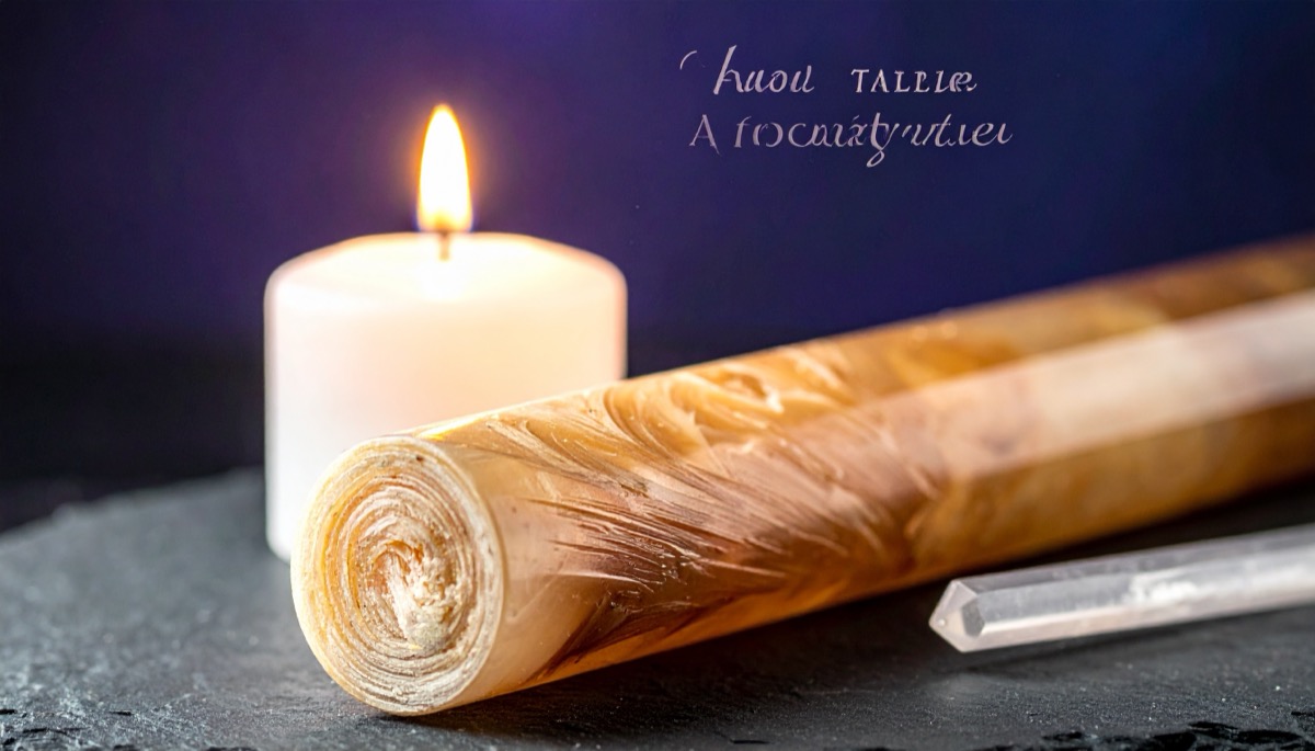 a long fibrous cream coloured rod with silky lengthwise grain lying beside a white candle