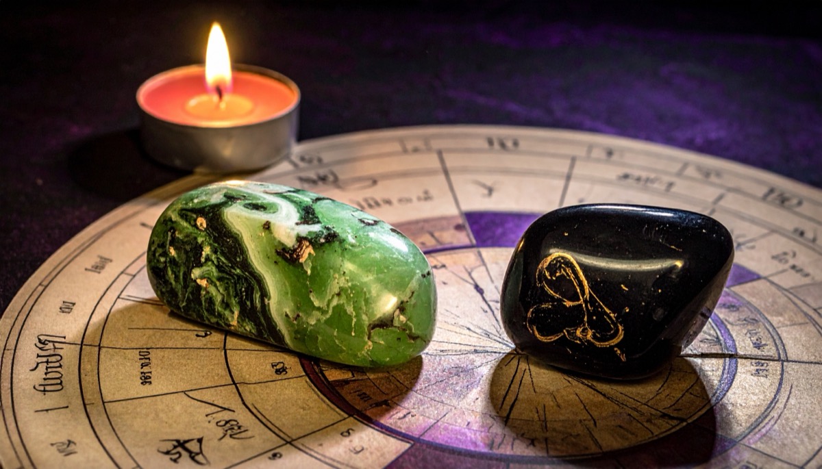 a mottled green tumbled stone and a black tumbled stone on a chart beside a tea light