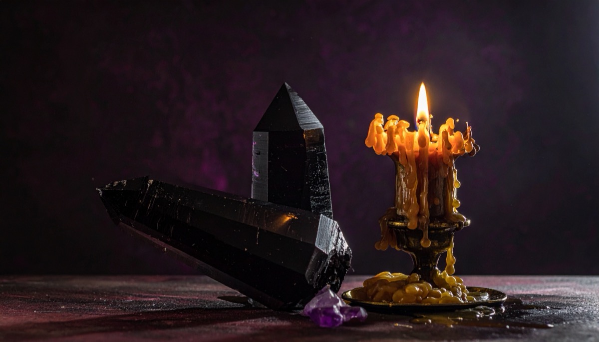 two large glossy black points beside a heavily dripping candle in a brass holder