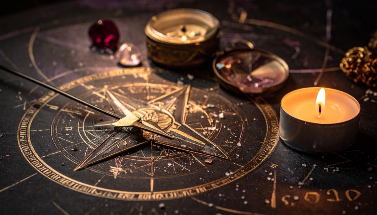 a brass compass rose and dividers on a dark gold astrological chart beside a tea light