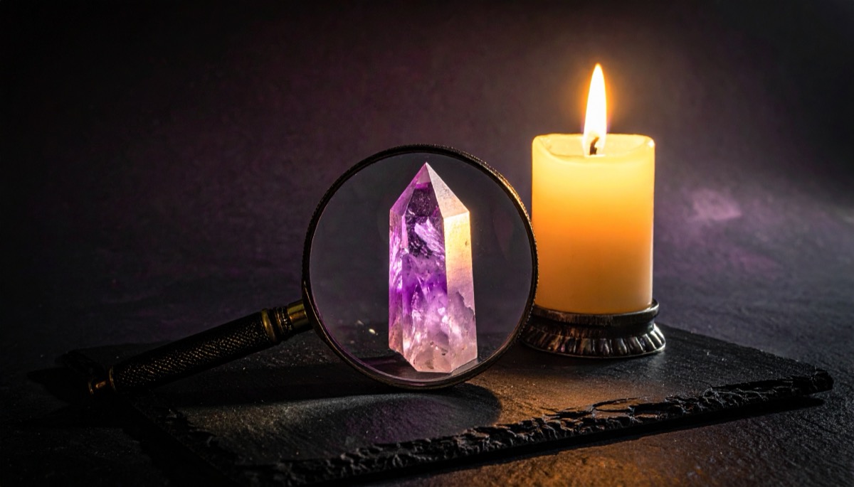 a purple and white polished point seen through a magnifying glass beside a lit candle