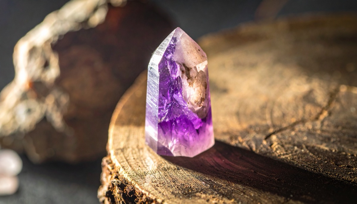 a purple and white polished point standing in sunlight on a cut wooden log