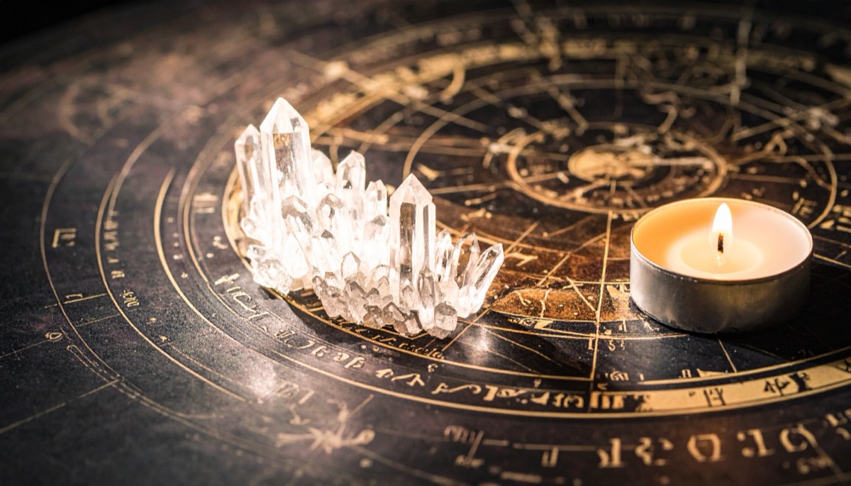 a cluster of small clear points on a gold astrological wheel beside a tea light