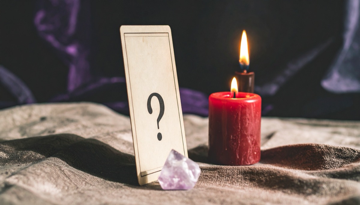 a blank card marked with a question mark propped on cloth beside a purple point and red candle