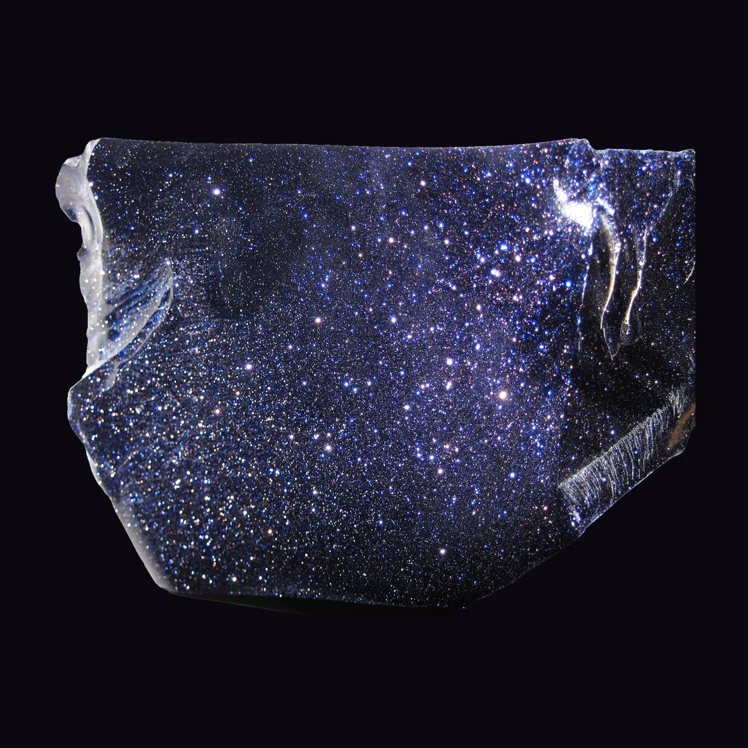 Blue Goldstone, deep midnight blue with gold sparkle and violet-purple man-made mineral specimen