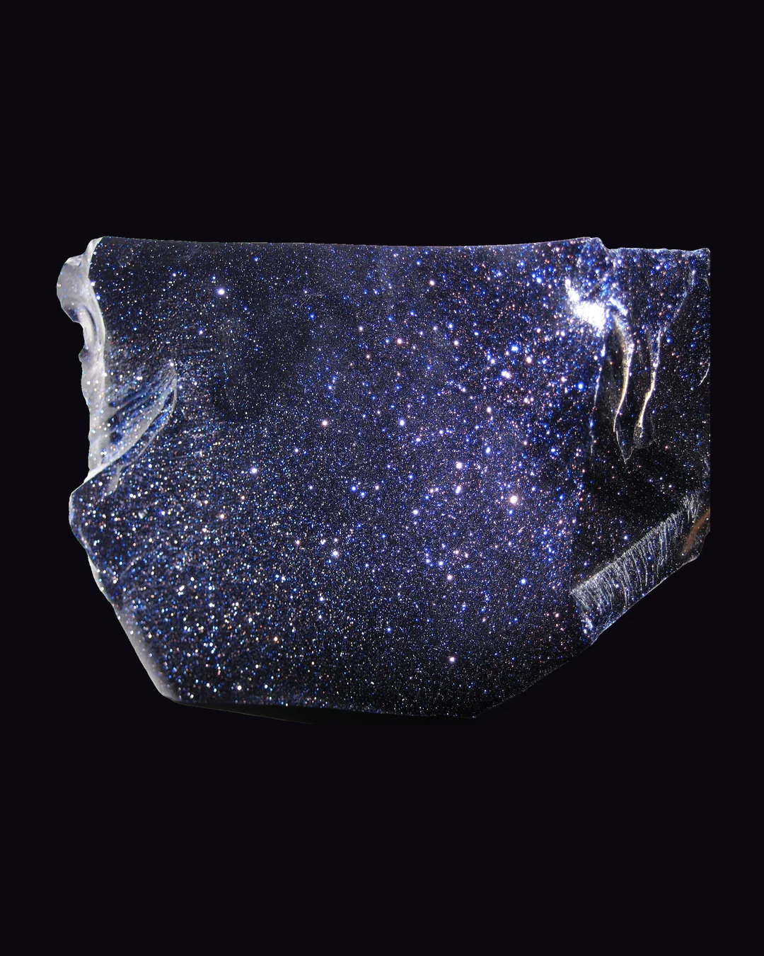Blue Goldstone, deep midnight blue with gold sparkle and violet-purple man-made mineral specimen