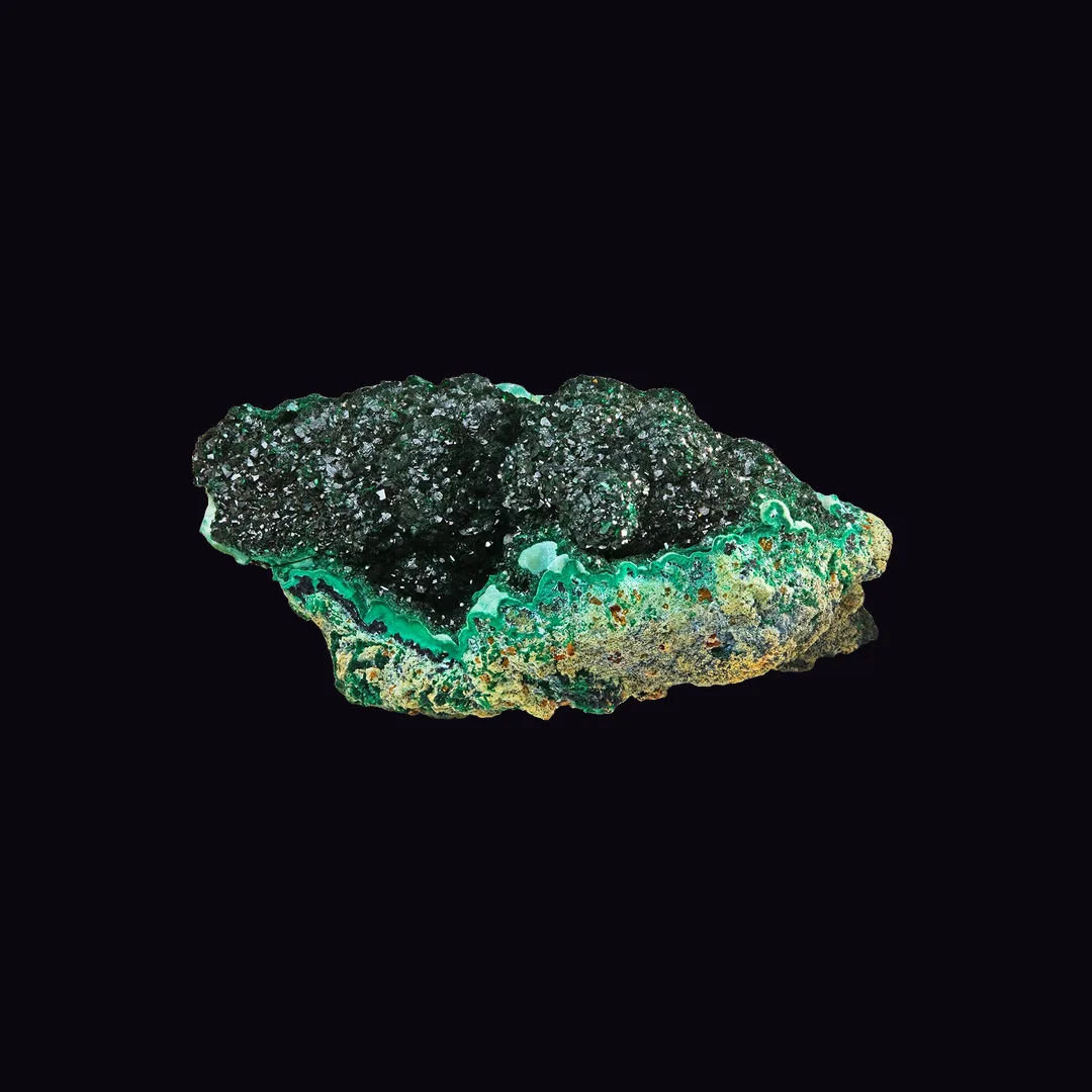 Malachite, bright green and blackish green carbonate mineral specimen