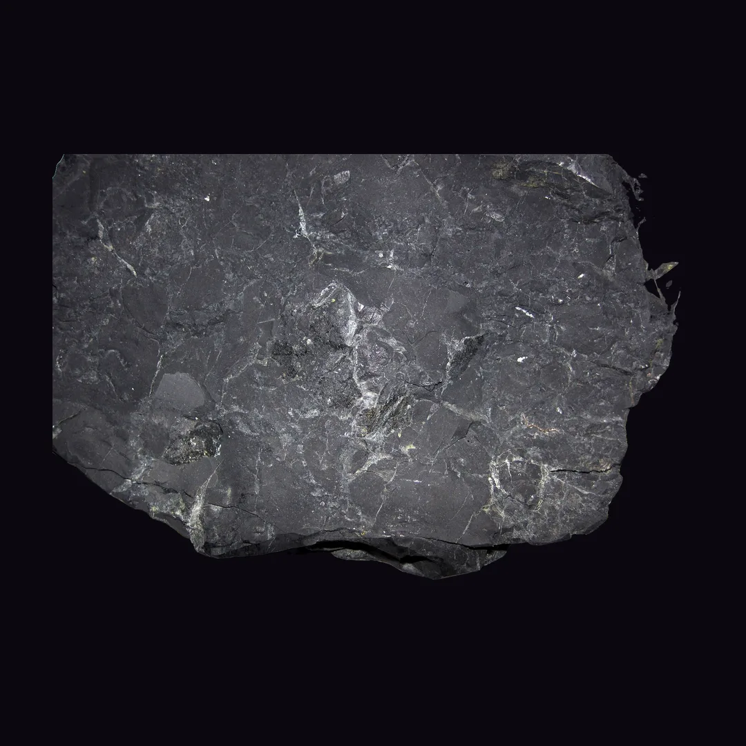 Shungite, matte black and silvery black organic mineral specimen
