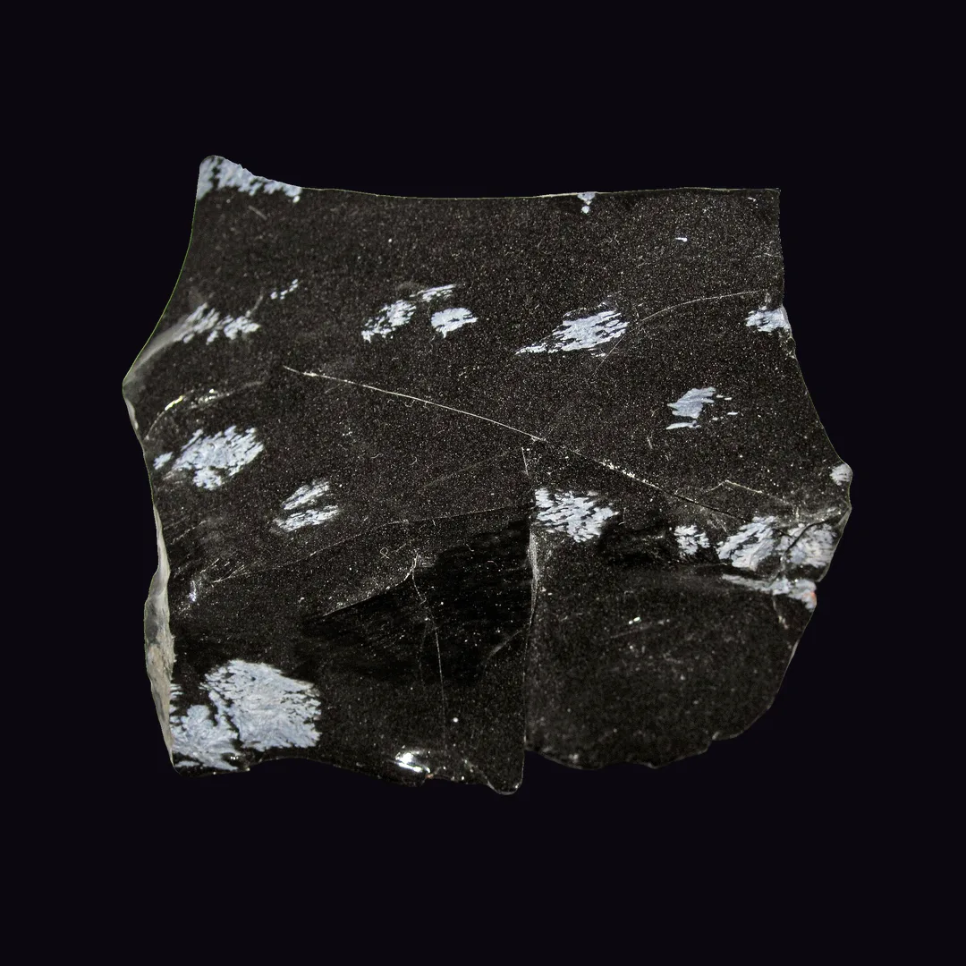 Snowflake Obsidian, black with white-grey patches and black with tan spots volcanic glass mineral specimen
